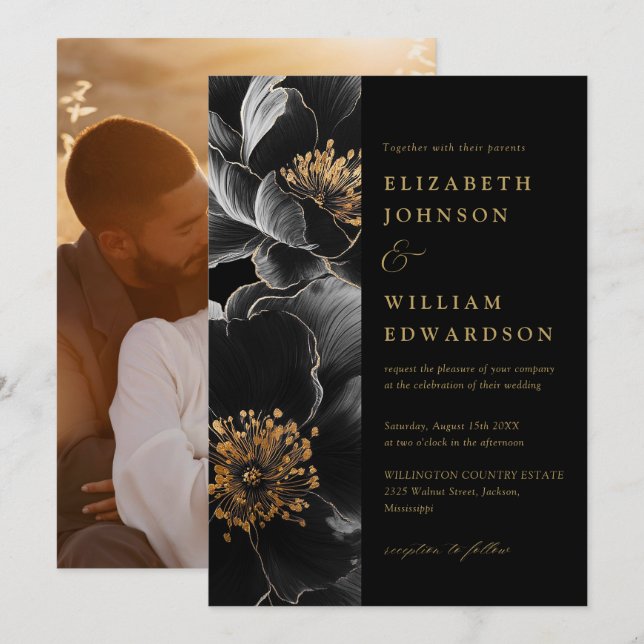 Black and Gold Elegante Chic Floral Foto Hochzeit Einladung (Vorne/Hinten)