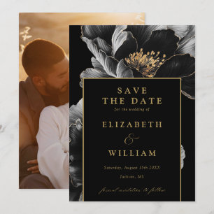 Black and Gold Elegante Chic Floral Foto Hochzeit Save The Date