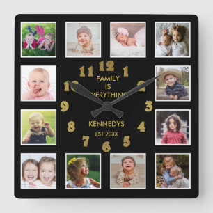Black and Gold Family Quote 12 Foto Collage Quadratische Wanduhr