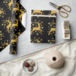 Black And Gold Faux Foil Reindeer and Snowflakes Geschenkpapier