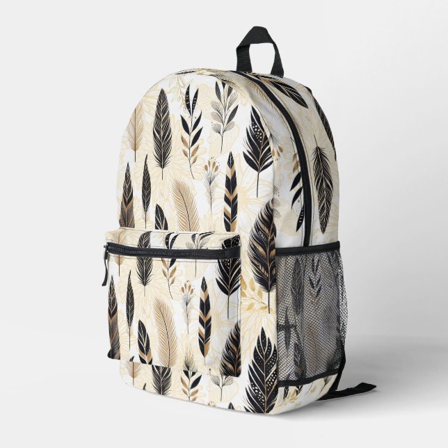 Black and Gold Feather Printed Backpack Bedruckter Rucksack (Rückseitige Ecke Rechts)