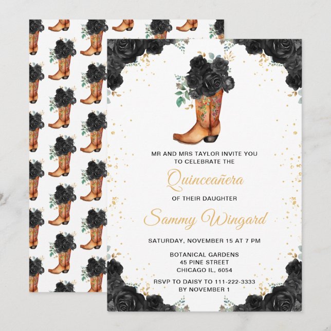 Black and Gold Floral Cowboy Boot Quinceañera Einladung (Vorne/Hinten)