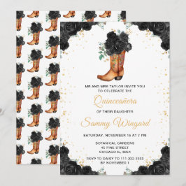 Black and Gold Floral Cowboy Boot Quinceañera Einladung