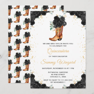 Black and Gold Floral Cowboy Boot Quinceañera Einladung