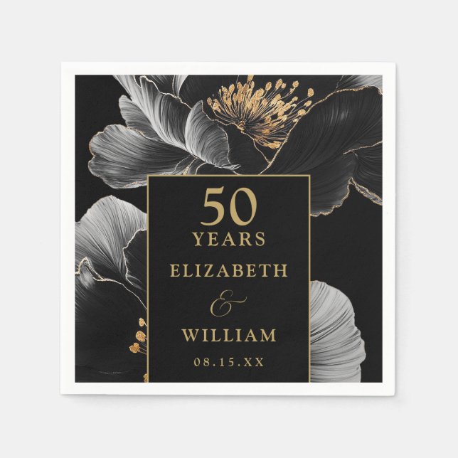Black and Gold Floral Elegant 50 Jahre Jubiläum Serviette (Vorderseite)
