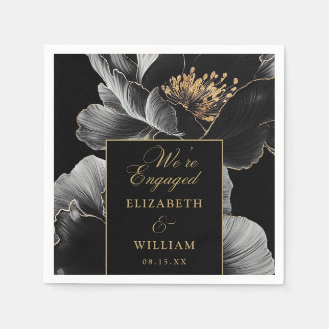 Black and Gold Floral Elegante Engagement Party Serviette (Vorderseite)