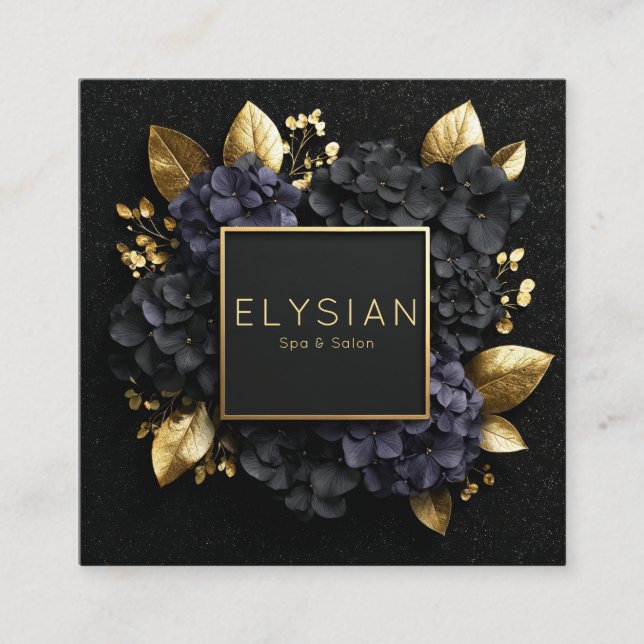Black and Gold Floral Geometric Hydrangea Quadratische Visitenkarte (Vorderseite)