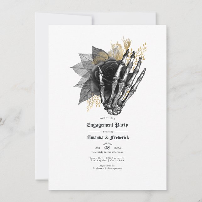Black and Gold Floral Gothic Engagement Party Einladung (Vorderseite)