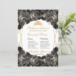 Black and Gold Floral Quinceanera Court of Ehre Einladung