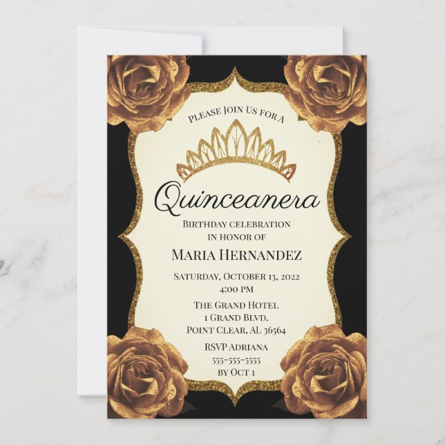Black and Gold Floral Quinceanera Geburtstag Einladung (Vorderseite)