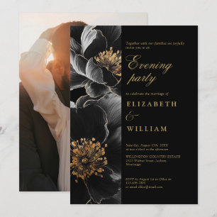 Black and Gold Floral Wedding Abend Party Foto Einladung