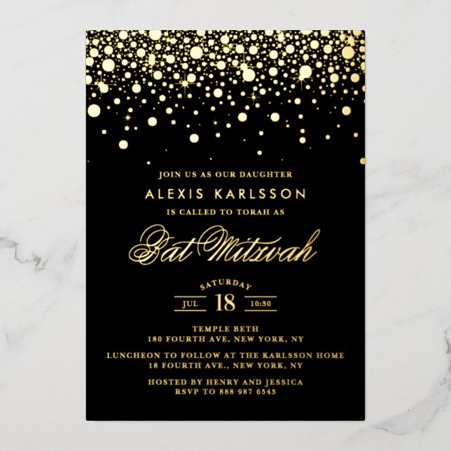 Black and Gold Foil Confetti Dots Bat Mitzvah Folieneinladung (Vorderseite)