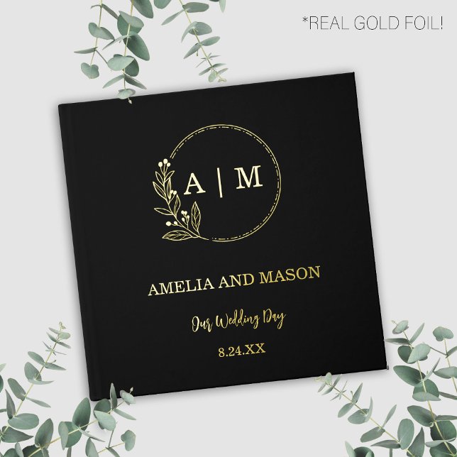 Black and Gold Foil Monogram Wedbook Gästebuch (Black and gold real foil with floral monogram simple modern elegant)