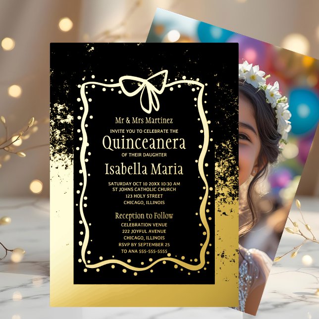 Black and Gold Foil Quinceañera Einladung Bow (Von Creator hochgeladen)