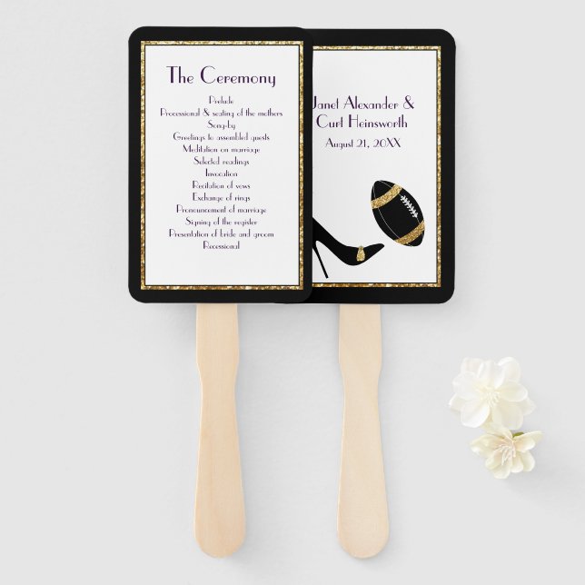 Black and Gold Football Wedding Program Fan Fächer (Vorne und Hinten)