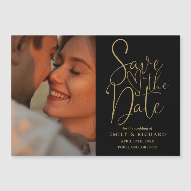 Black and Gold Foto Elegante Hochzeit Save the Dat Magneteinladung (Vorderseite)