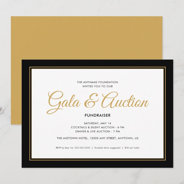 Black and Gold Gala Auktion und Fundraiser Einladung (Vorne/Hinten)