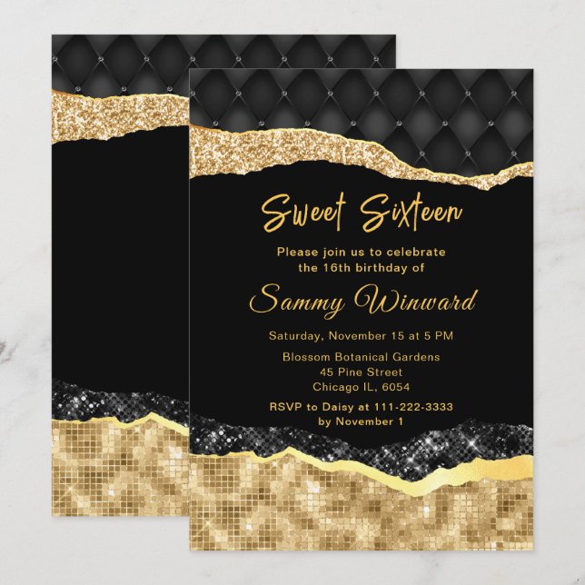 Black and Gold Glam Tränen 16 . Geburtstag Einladung (Vorne/Hinten)