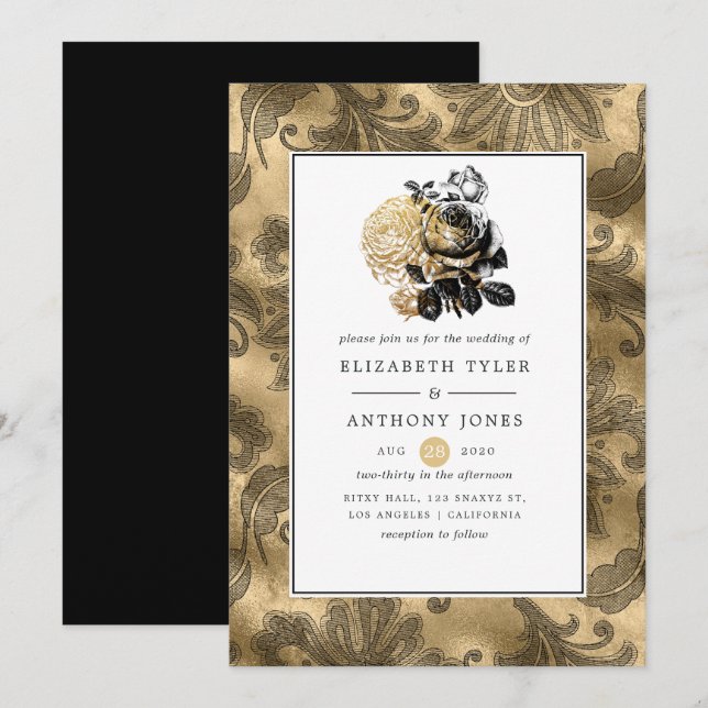 Black and Gold Glam Wedding Einladung (Vorne/Hinten)