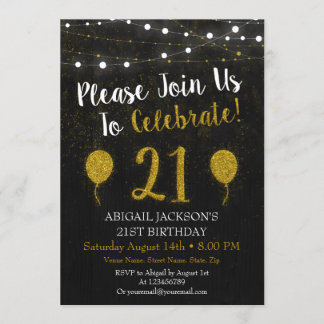 Black and Gold Glitzer 21. Geburtstag Einladung