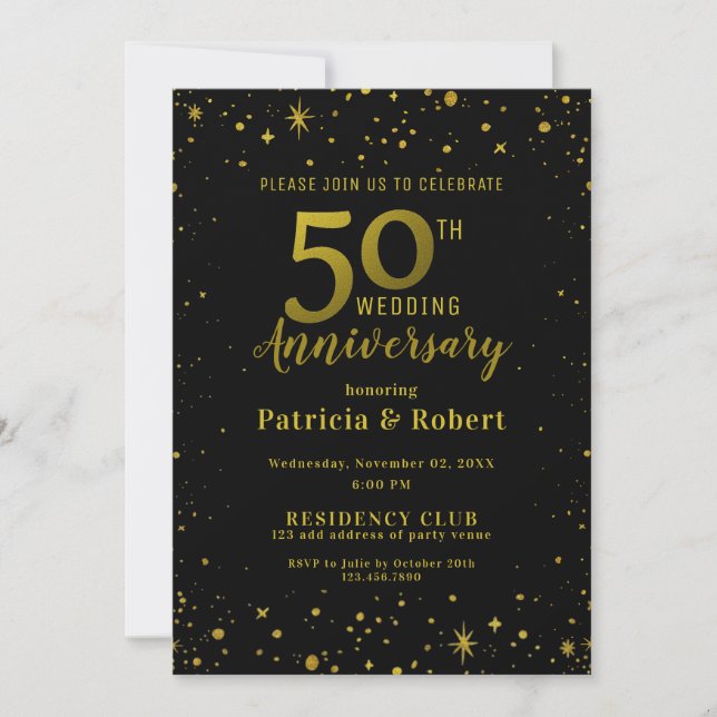 Black and Gold Glitzer 50. Hochzeit Einladung (Vorderseite)
