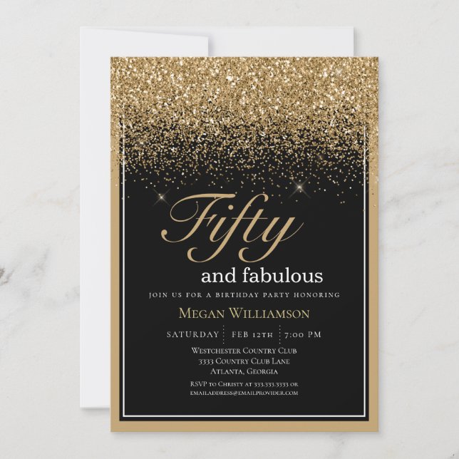 Black and Gold Glitzer 50 und fabelhafter Geburtst Einladung (Vorderseite)