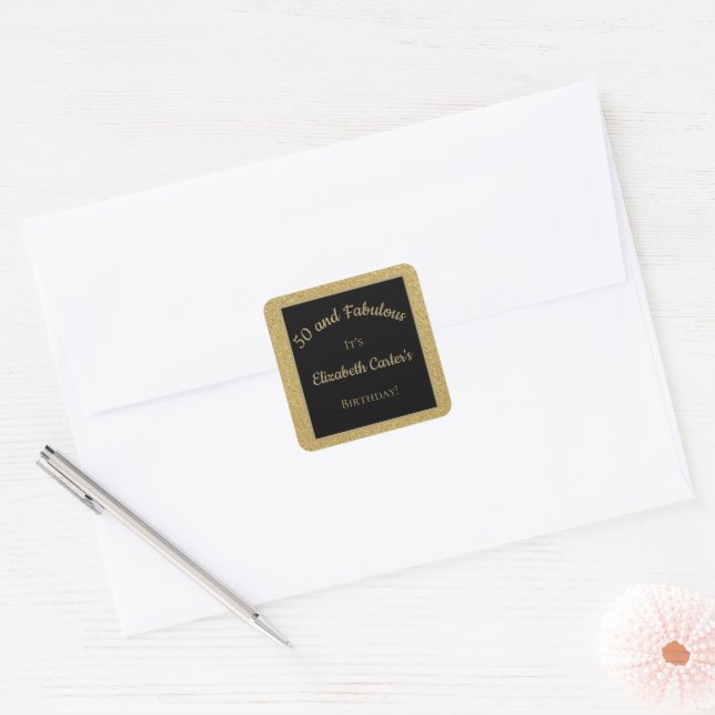 Black and Gold Glitzer 50 und fabelhafter Geburtst Quadratischer Aufkleber (Umschlag)