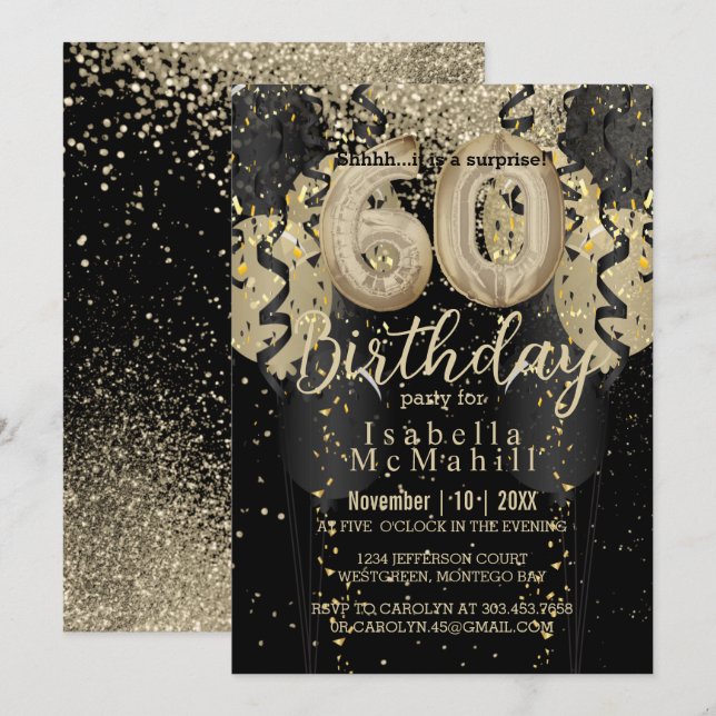 Black and Gold Glitzer 60. Geburtstag Einladung (Vorne/Hinten)