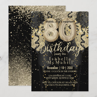 Black and Gold Glitzer 80. Geburtstag Einladung