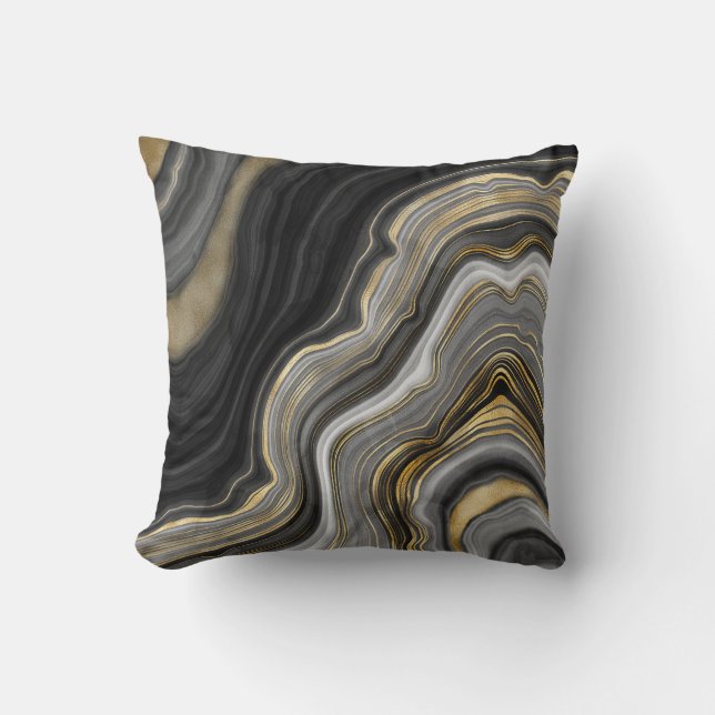 Black and Gold Glitzer Agate Abstrakt Kissen (Vorderseite)