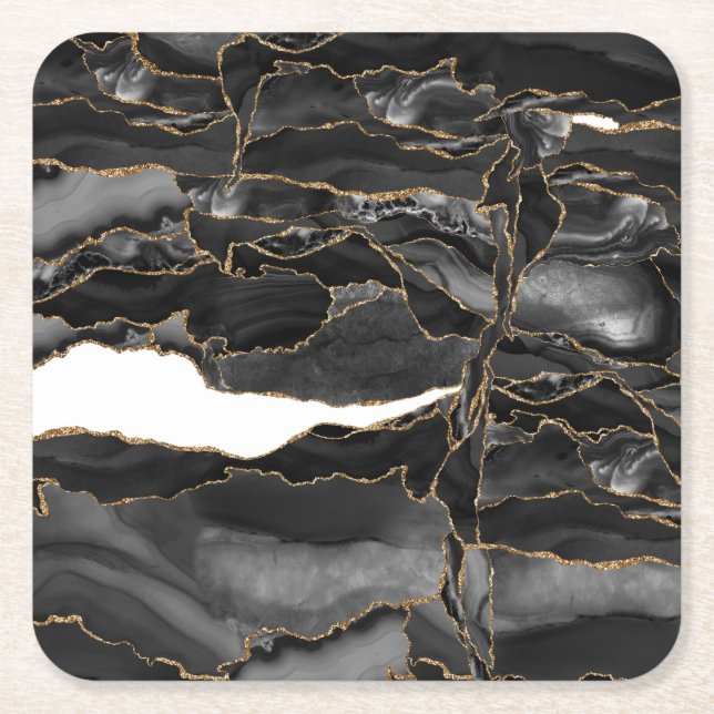 Black and Gold Glitzer Agate Rechteckiger Pappuntersetzer (Vorderseite)