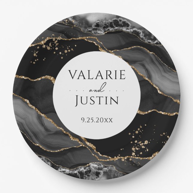 Black and Gold Glitzer Agate Wedding Paper Teller (Vorderseite)