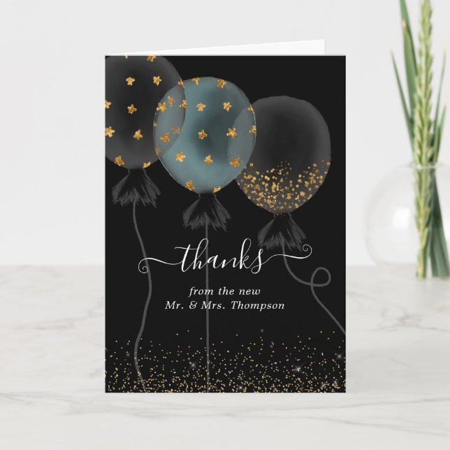 Black and Gold Glitzer Balloon Wedding Dankeskarte (Vorderseite)