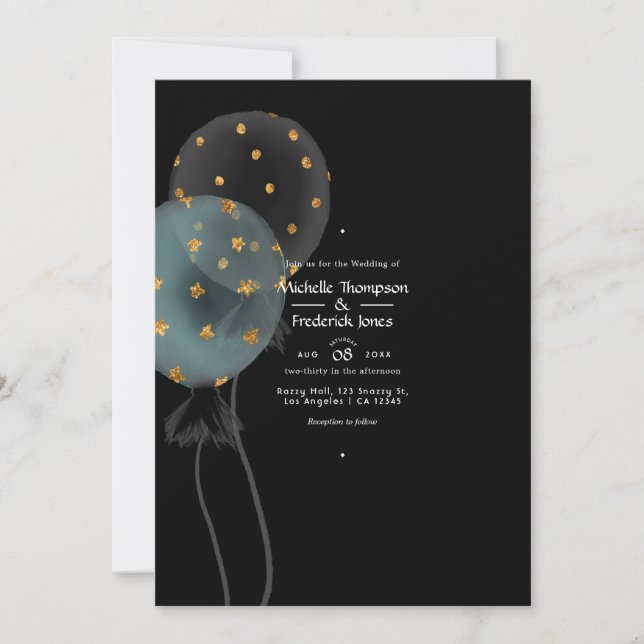 Black and Gold Glitzer Balloon Wedding Einladung (Vorderseite)
