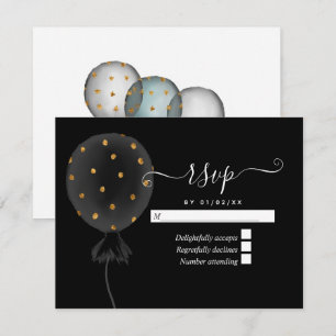 Black and Gold Glitzer Balloon Wedding RSVP Karte