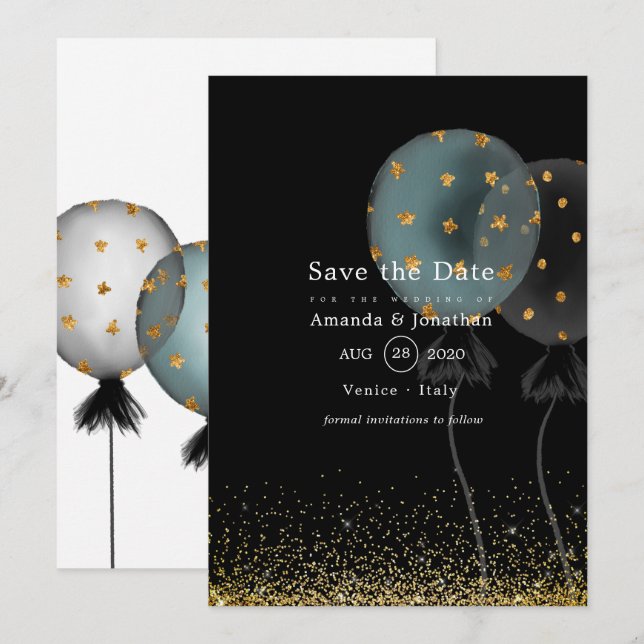 Black and Gold Glitzer Balloon Wedding Save The Date (Vorne/Hinten)