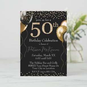 Black and Gold Glitzer Balloons 50. Geburtstag Einladung