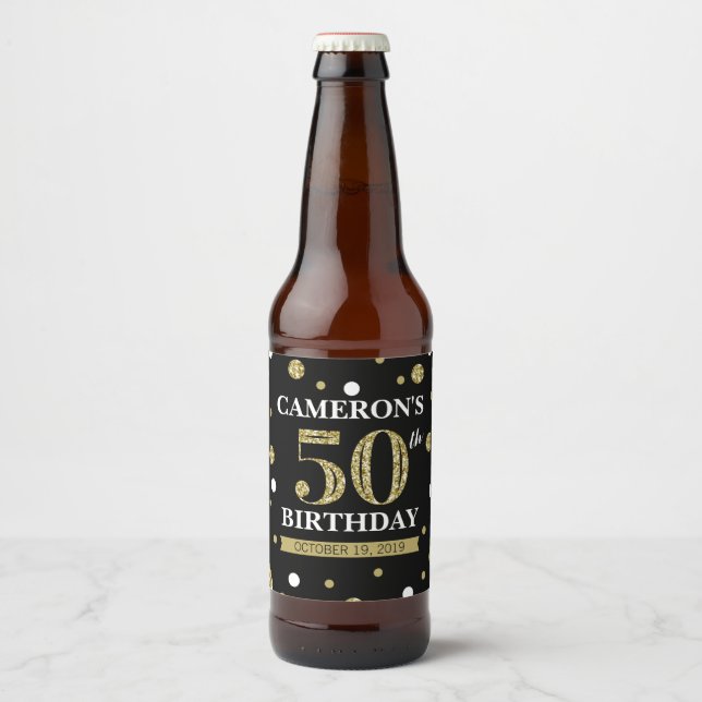 Black and Gold Glitzer Confetti Birthday Bierflaschenetikett (Vorderseite)