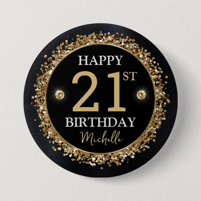 Black and Gold Glitzer Confetti Birthday Button (Vorderseite)