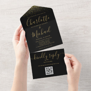 Black and Gold Glitzer Eleganter QR Code Hochzeit All In One Einladung