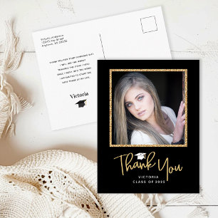 Black and Gold Glitzer Foto Abschluss Vielen Dank Postkarte