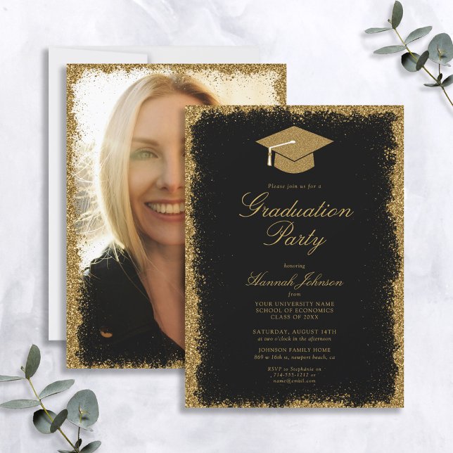 Black and Gold Glitzer Foto Graduation Party Einladung (Von Creator hochgeladen)