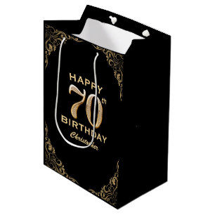 Black and Gold Glitzer Frame der 70. Geburtstagspa Mittlere Geschenktüte