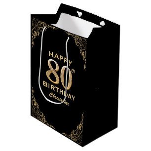 Black and Gold Glitzer Frame der 80. Geburtstagspa Mittlere Geschenktüte
