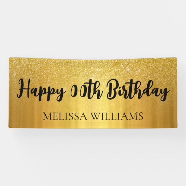 Black and Gold Glitzer Happy Birthday Banner (Horizontal)