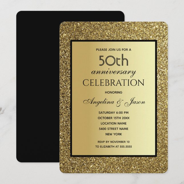 Black and Gold Glitzer Hochzeit 50 Jahre alt Einladung (Vorne/Hinten)