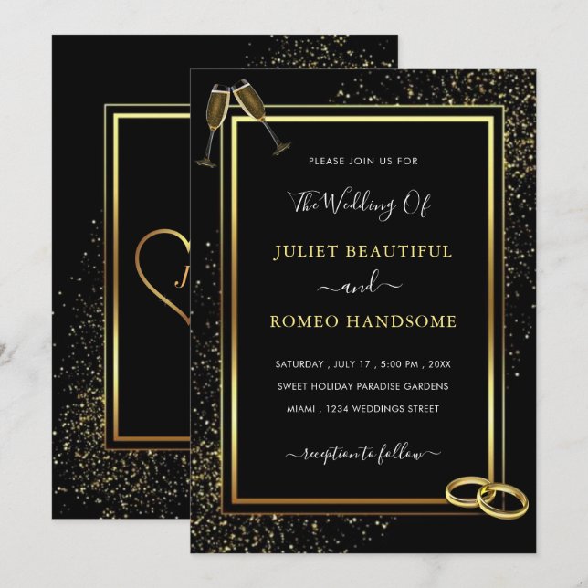 Black and Gold Glitzer Sparkle Hochzeit Einladung (Vorne/Hinten)