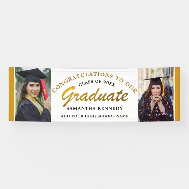 Black and Gold Glückwunschs Grad 2 Foto Abschluss Banner (Horizontal)
