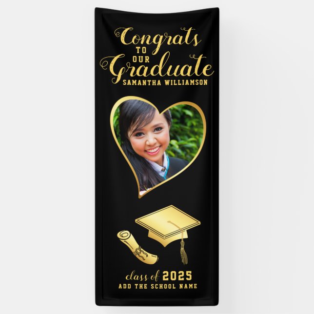 Black and Gold Glückwunschs Graduate Foto Abschlus Banner (Vertikal)