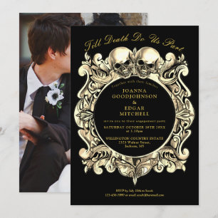 Black and Gold Gothic Foto Engagement Party Einladung